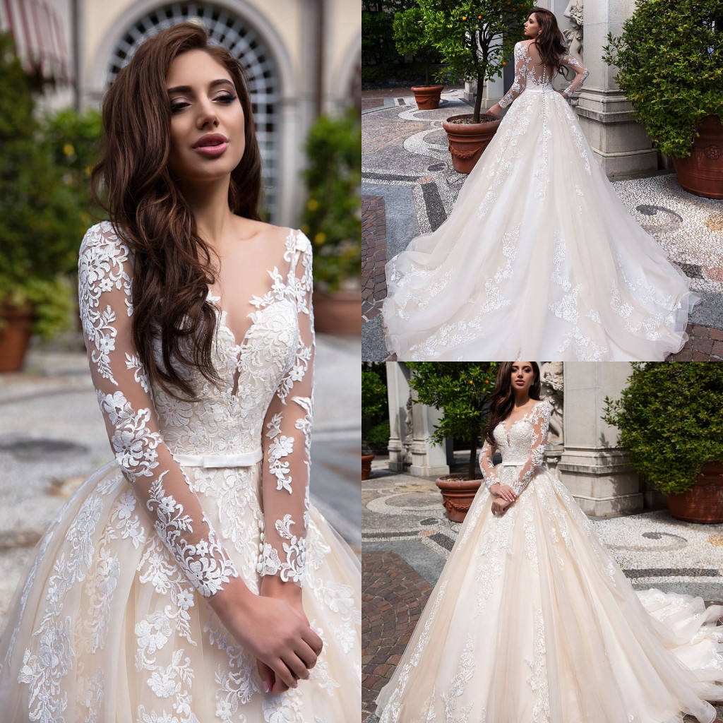 gorgeous lussano a line long sleeve wedding dresses plunging neck lace applique sweep train bridal gowns beach robe de marie