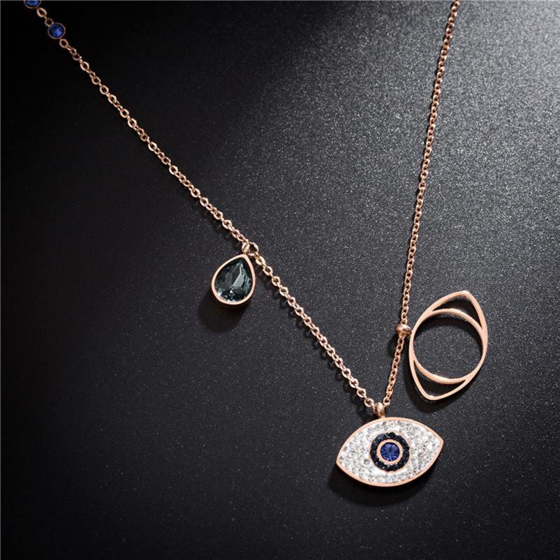 Blue Evil Eye Pendant Necklaces Iced Out Rose Gold Turkey Women Titaniun Steel Jewelry Girls Fashion Rhinestone Link Chain Choker Necklace
