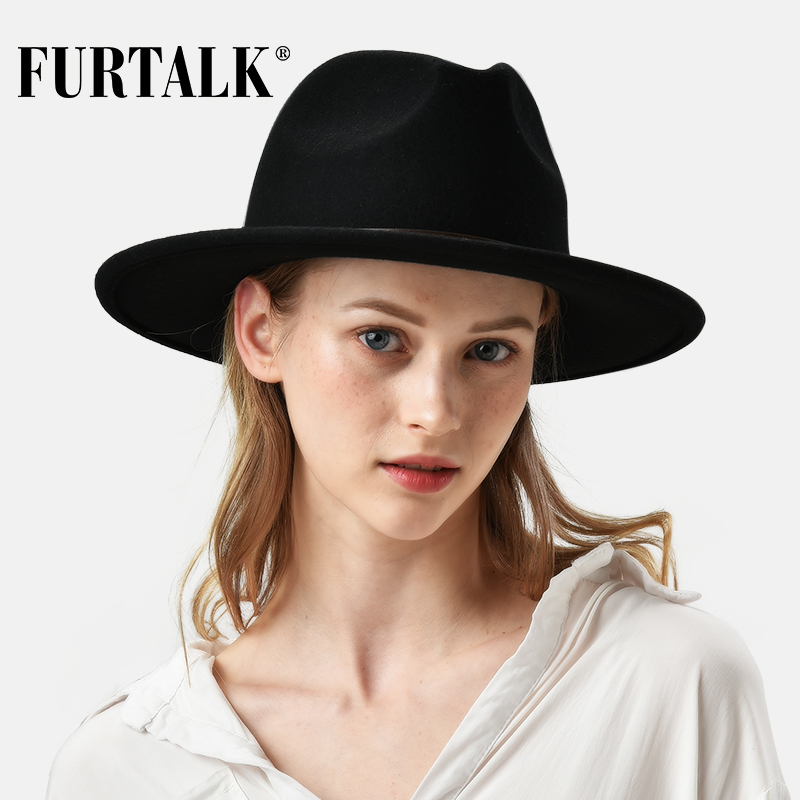 FURTALK 100% Australia Wool Fedora Hat Women Men Hat Ladies Fedoras Wide Brim Jazz Felt Hat Vintage Autumn Winter Cap 2019 T200103
