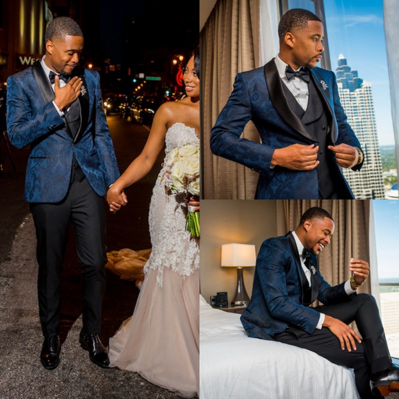Groom Tuxedos Groomsmen Black Shawl Lapel Best Man Suit Wedding Men's Blazer Suits Custom Made (Jacket+Pants+Tie+Vest)