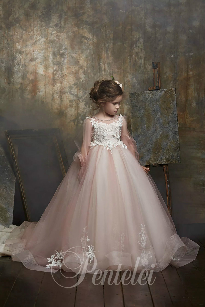 Cute Ball Gown Flower Girl Dresses Jewel Long Sleeve Lace Applique Sequins Crystal Pageant Dress Floor Length Girl's Birthday Party 0431