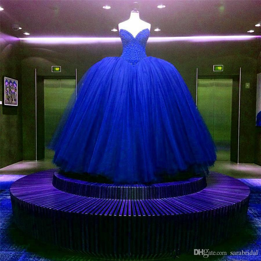 Luxury Pearls Quinceanera Dresses Strapless Sweetheart Ruffle Bling Beaded Royal Blue Prom Dresses Ball Gown Evening Gowns