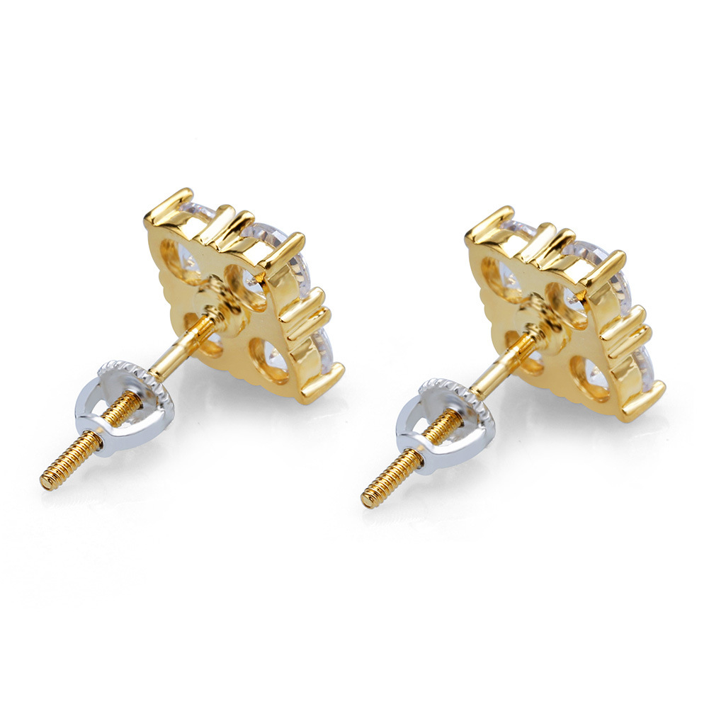 Hip Hop Square Stud Earrings Screw Back Large White Zircon Gold Plated Earrings Vintage Geometric Jewelry