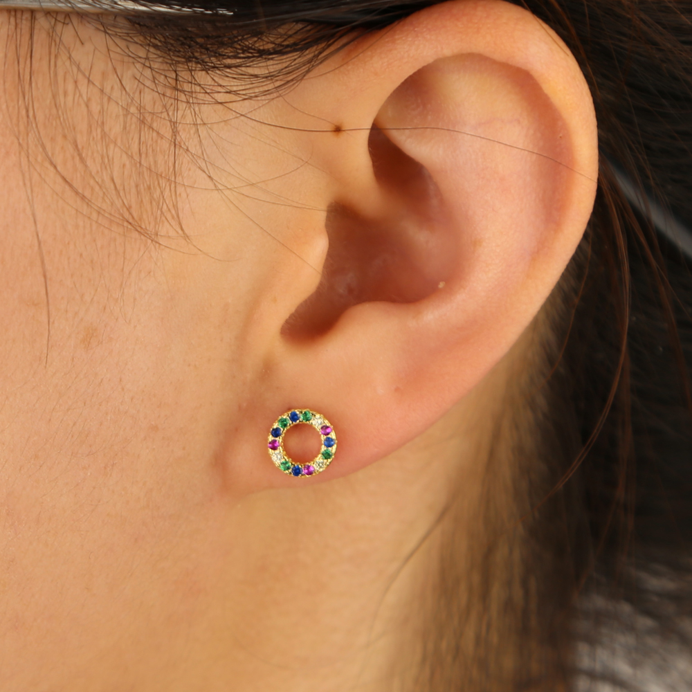 925 sterling silver geometric round circle stud earring colorful multi color cz stone paved tiny round earrings