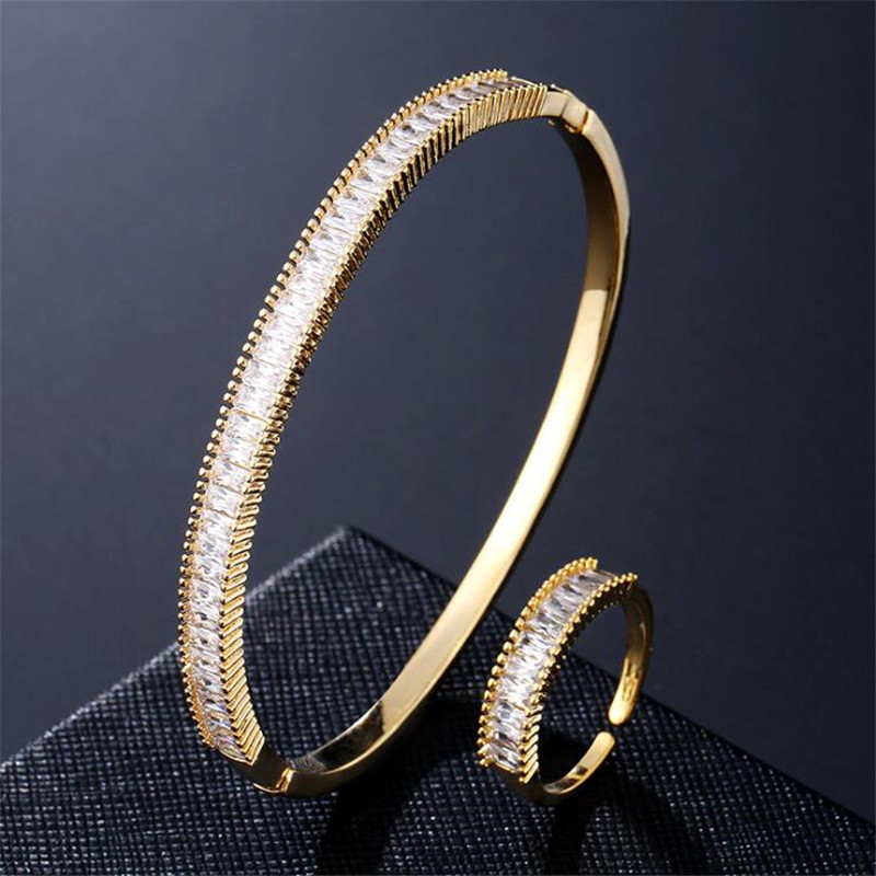 New Sparkling Jewelry Set High Quality 925 Sterling Silver&Gold Fill T Princess Bangle White 3A Cubic Zircon Party Women Wedding Ring Gift