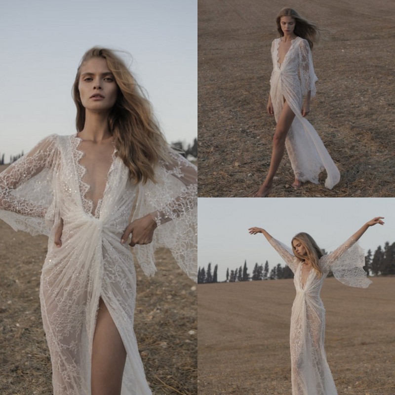 vneck wedding dresses long sleeve sequins lace thighhigh slits illusion bodice bridal gowns simple modern cheap sexy