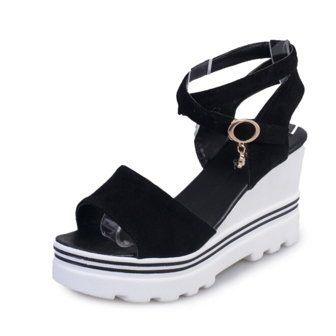 Hot Sale-2019 summer new women's sandals suede solid color high heels wedges buckle fish mouth open toe increased thin women's shoes