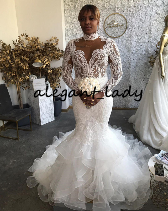 Plus Size Mermaid Wedding Dresses with Long Sleeve 2020 High Neck Cascading Ruffles African Arabic Lace Applique Trumpet Wedding Gown