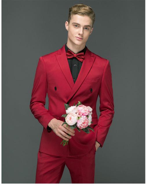 Bright Red Groom Wedding Wear Peaked Lapel Mens Pants Suits Double Breasted Best Men Banquet Jacket 2 Pieces