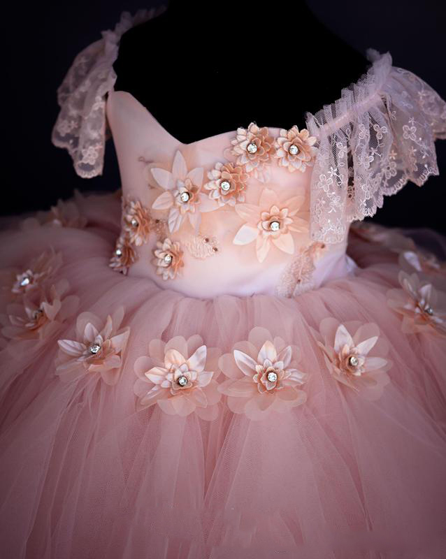 Pink Lace Beaded Flower Girl Dresses Ball Gown Hand Made Flowers Cheap Little Girl Wedding Dresses Vintage Girl Dresses Gowns