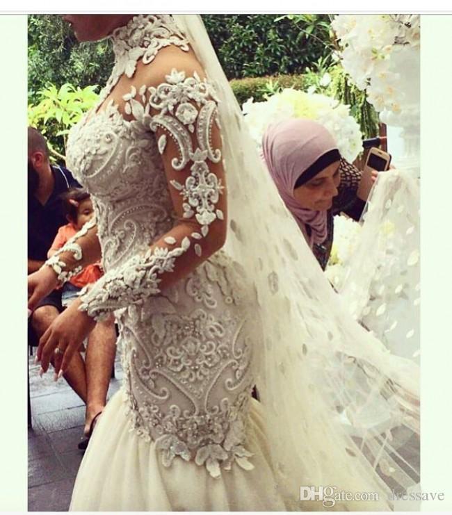 Crystals Mermaid Dresses High Neck Long Sleeves Beaded Applique Bridal Gowns Court Train Plus Size Wedding Dress