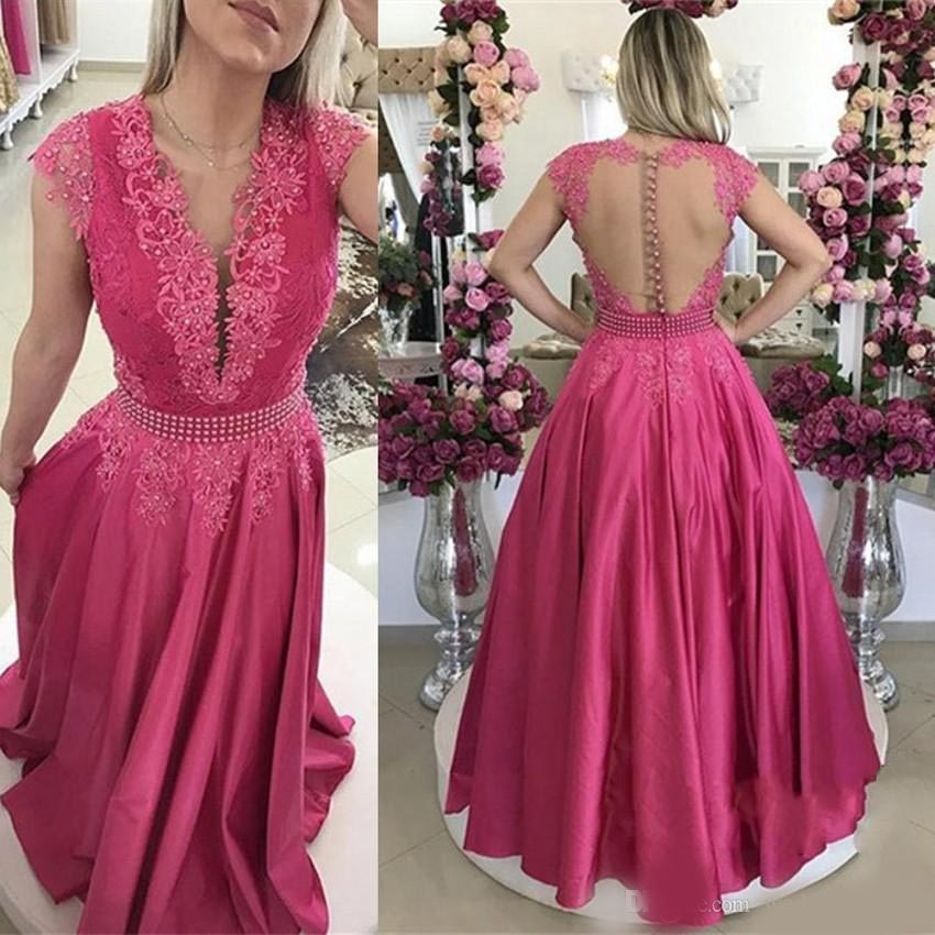 Latest Fuchsia Jewel Neck Chiffon A-line Evening Dresses Button Back Appliques Pearls Formal Evening Gowns Vestido De Noche Prom Dresses