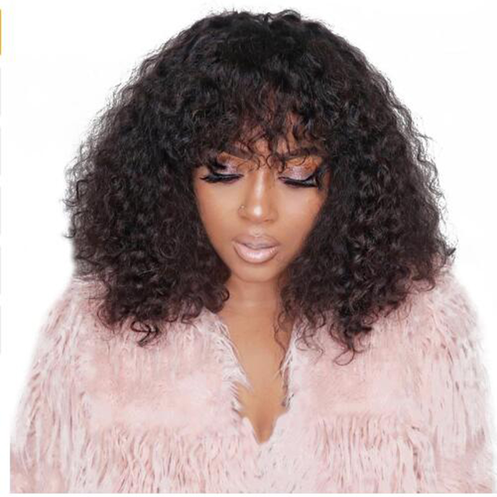 250density full Deep Curly brazilian Lace Frontal Wigs With Bangs Deep Part short kinky curly synthetic Lace Front Wig for african women