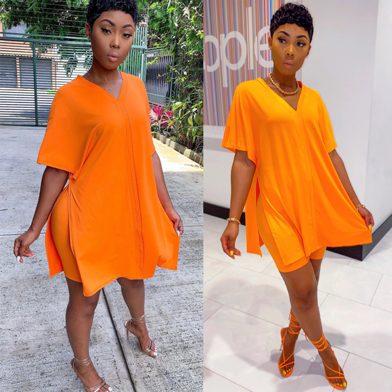 Women's Summer Fashion Casual Solid V Neck Batwing Short Sleeve Loose Top and Shorts Two Piece Set