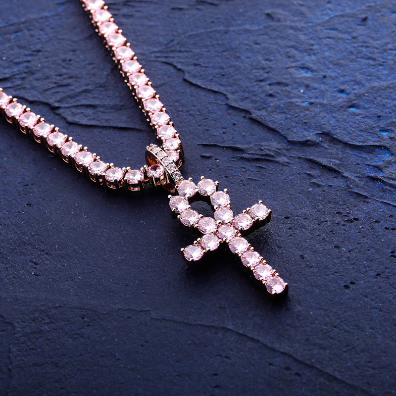 Gold Plated CZ Zircon Cross Key Pendant Tennis Chain Necklace for Men & Women Full Dia Hiphop Rapper Jewelry Couple Gifts Wholesale