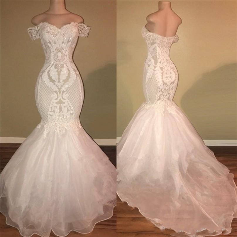 New Sexy Mermaid Wedding Dresses Off Shoulder Lace Appliques Crystal Beads Zipper Back Sweep Train Arabic Plus Size Formal Bridal Gowns