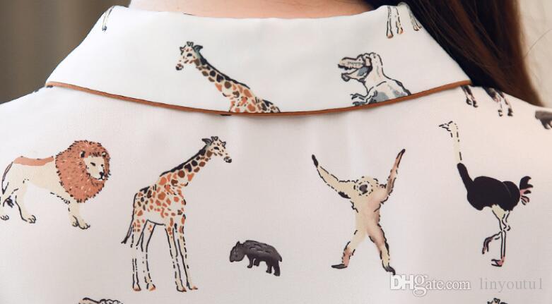 2020 Cute Animals Print Women Blouse New Shirt Top Turn-down Collar Long Sleeve Top S-XXL White Blouse