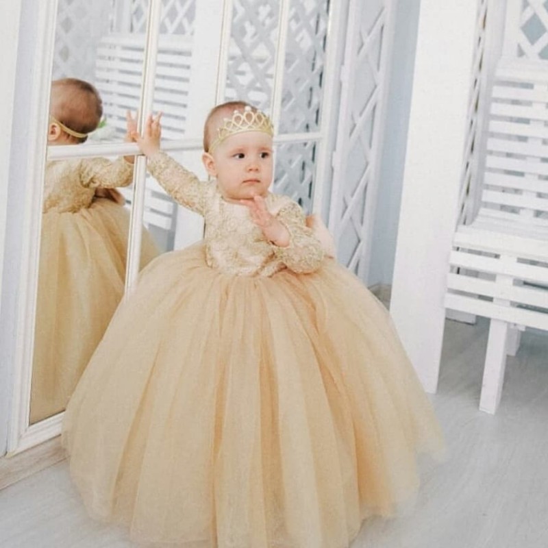 Modest Lovebabyj Ball Gown Flower Jewel Neck Long Sleeve Wedding Party Tulle Lace Applique Floor Length Princess Girl Dress 0508