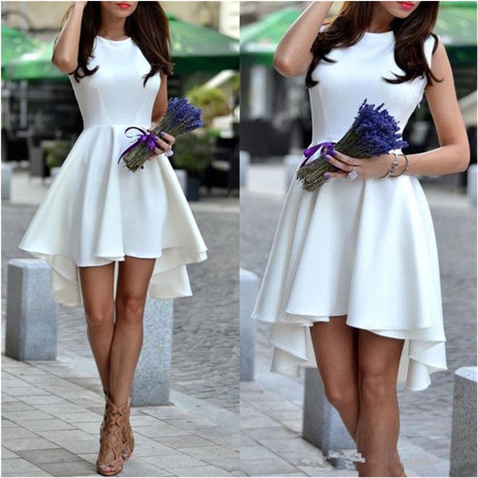 2020 High Low White Prom Dresses Satin Scoop Zipper Up Party Dresses Evening Cocktail Bridesmaid Homecoming Gowns