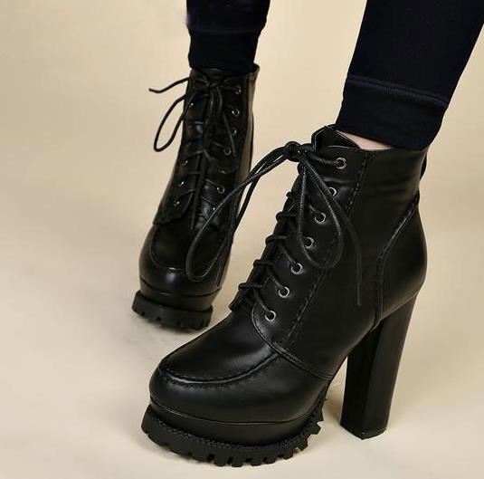 Fashion Women Gothic Boots Lace Up Ankle Boots Platform Punk Shoes Ultra Very High Heel Bootie Block Chunky Heel size 3439