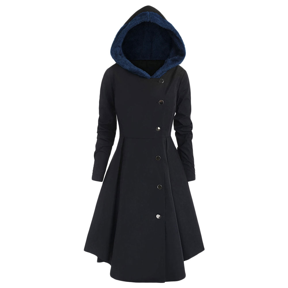 ROSEGAL Plus Size Asymmetric Contrast Hooded Skirted Coat Hoodie Single Breasted Thick Women Gothic Coats Solid Winter T190903