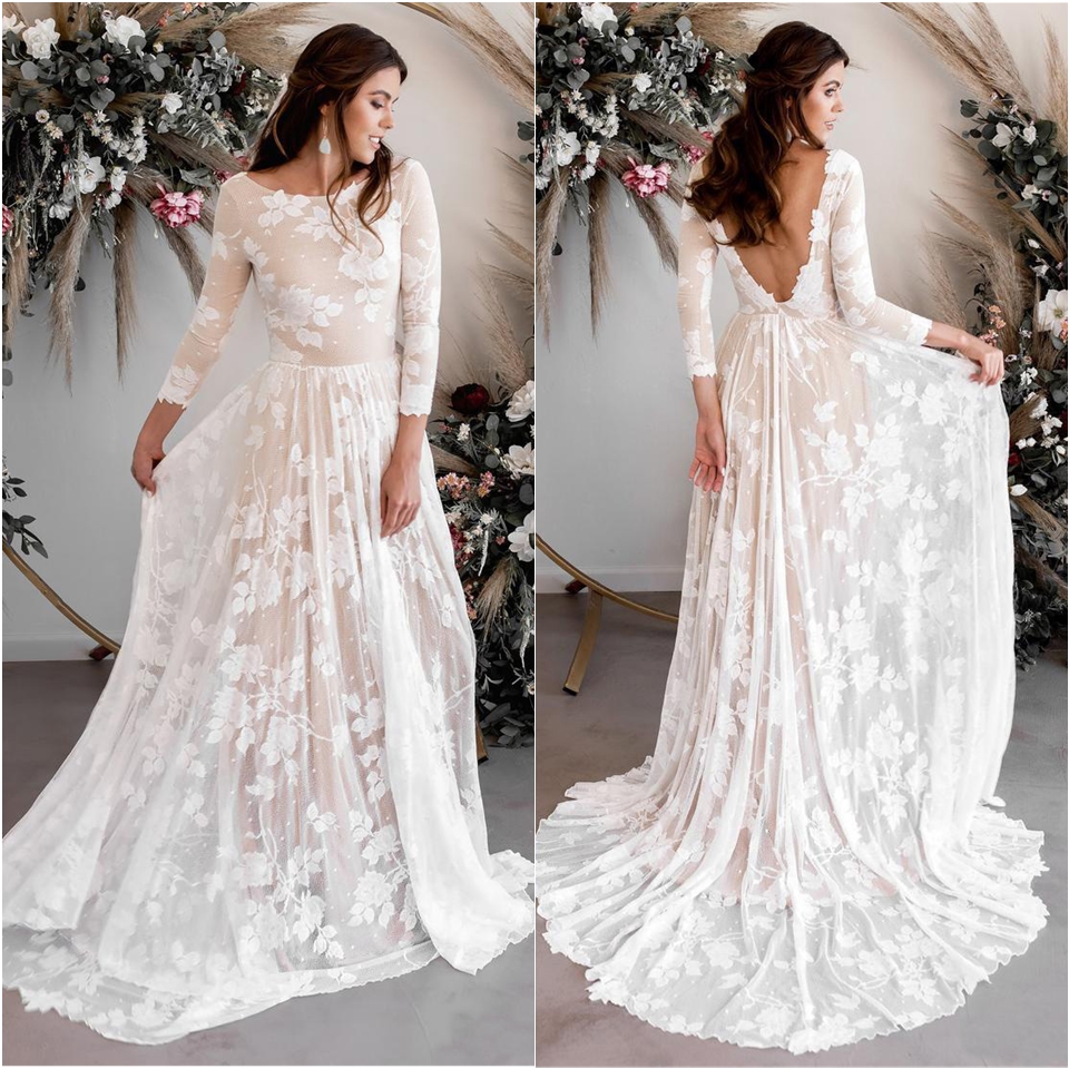 Vintage Bohemian Wedding Dresses with Nude Lining Long Sleeves Open Back Full Lace Boho Beach Garden Bridal Gowns