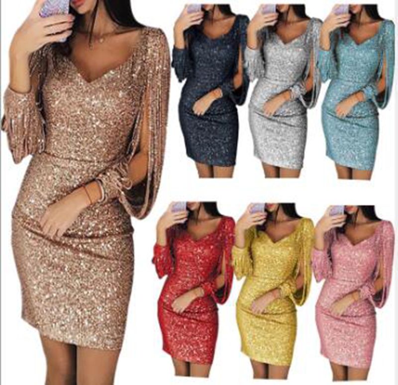 Wholesale new summer women's European and American V-neck glittering fringed long-sleeved slim package hip dress, Pink
Wholesale new summer women's European and American V-neck glittering fringed long-sleeved slim package hip dress, Pink