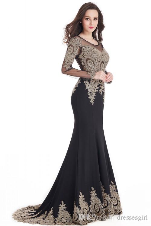 Babyonlinedress Luxury Beads Gold Lace Mermaid Evening Dresses Long Sexy Illusion Back Long Sleeve Prom Party Gowns Charming Evening Gowns