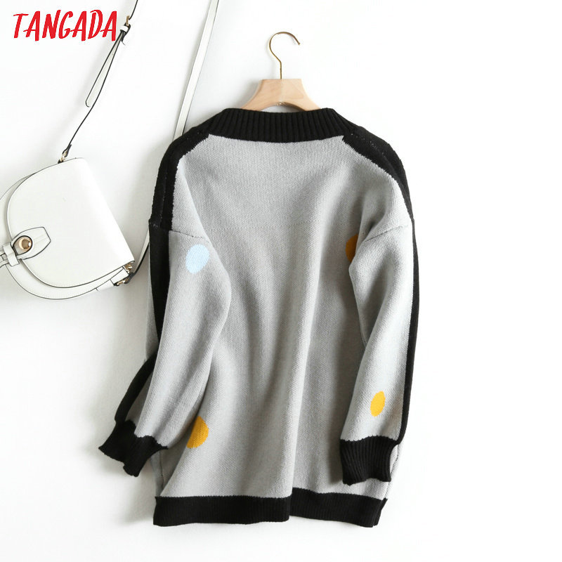 Tangada women cute cartoon cardigan sweater long sleeve buttons female thick knit sweaters basic red black grey tops BC21 V191217