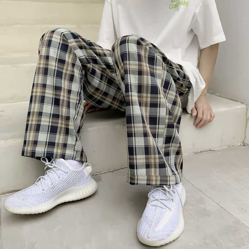 Harajuku Men's Plaid Pants 2020 Korean Men Casual Straight Pants Women Wear Fashion Straight