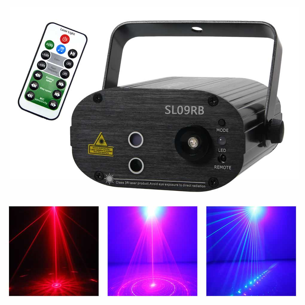 AUCD Mini 9 Patterns Blue LED Red Laser Lens Lights Effect Portable Projector 3W Disco DJ Party Show Club Stage Lighting SL09RB