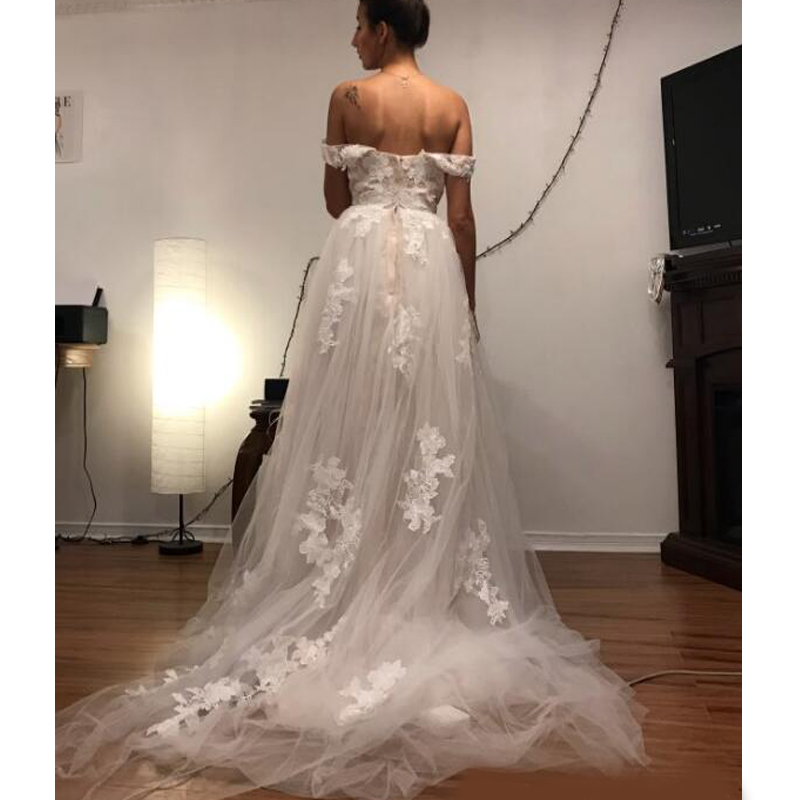 Vintage Lace Wedding Dresses Off the Shoulder Appliques A Line Bride Dress Princess Wedding Gown Summer Beach Boho Dress robe de mariee