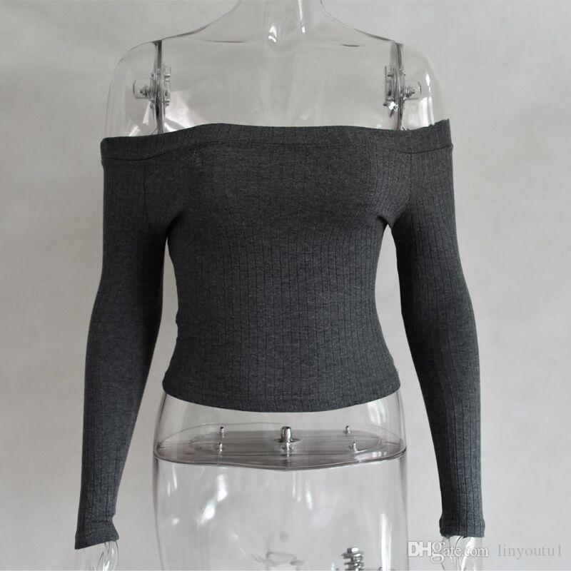 2020 Women Off Shoulder Crop Top T Shirts Long Sleeve Short T-shirts For Women Clothing Fashion Black T-shirt Tops Tees Korean Style