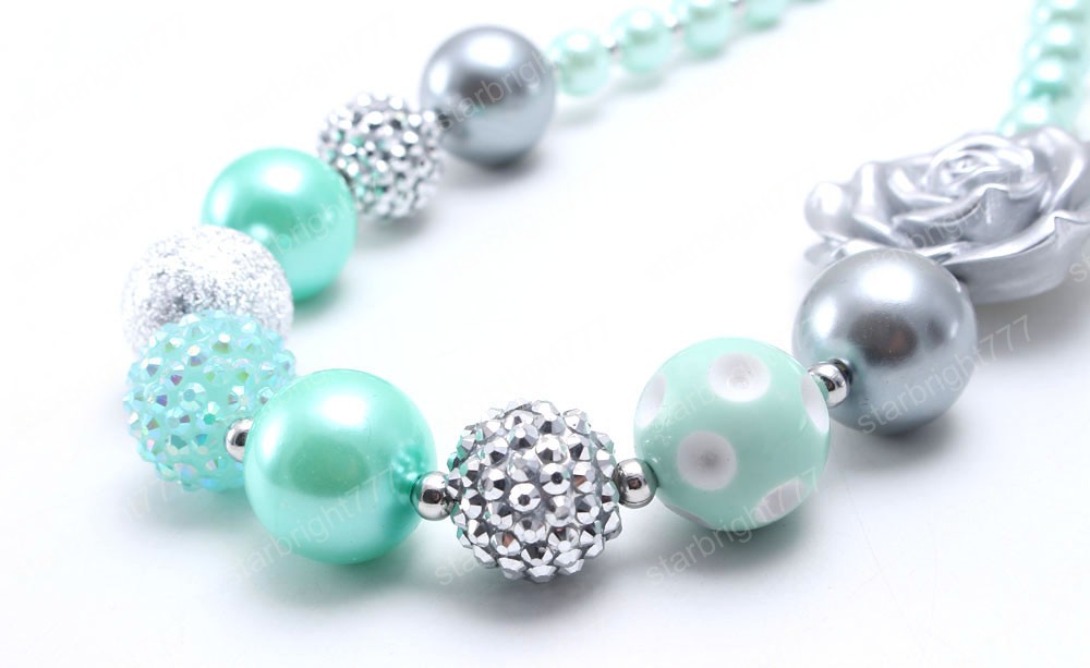 Spring Style Chunky Beads Necklace Child Girls Kids Mint Green Bubblegum Beads Chunky Necklace Fashion Handmade Jewelry