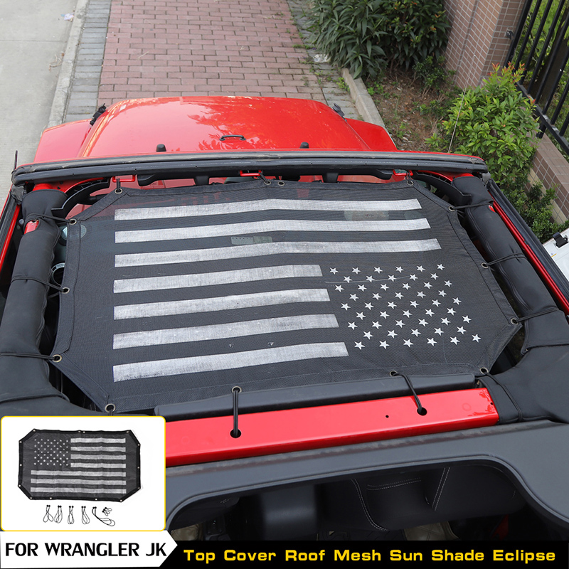 Black Car Roof Mesh UV Protection SunShade Top Cover For Jeep Wrangler JK 2007-2017 Auto Exterior Accessories (USA Flag)