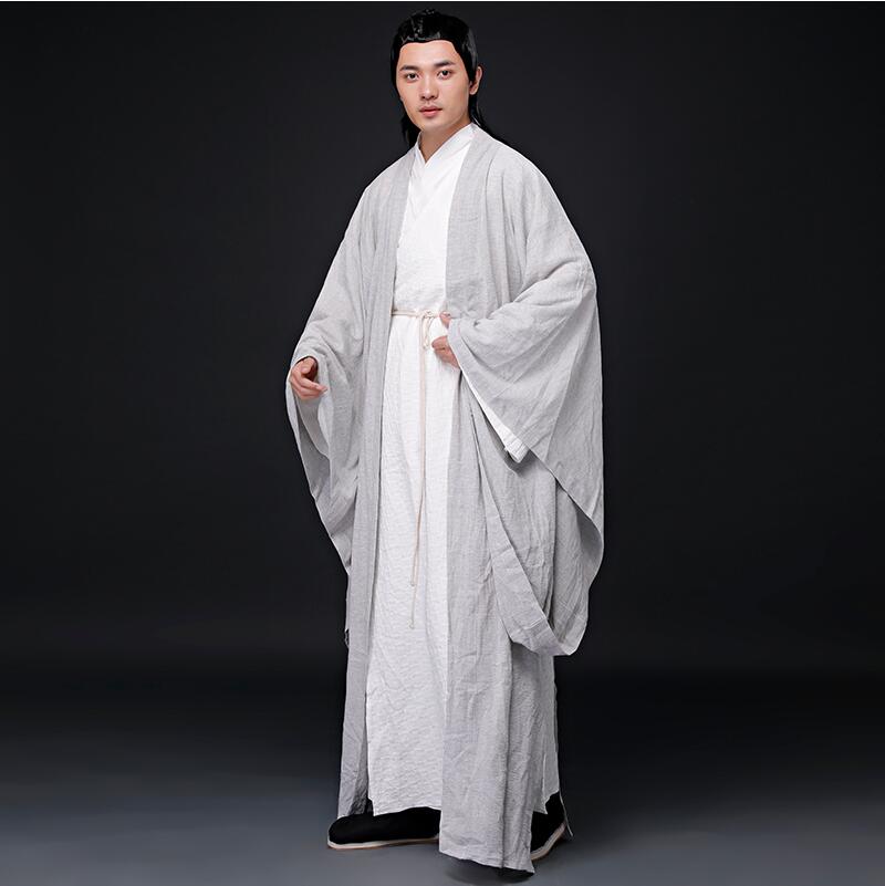 Asian Oriental Cosplay Photo Studio ancient China costume Linen white Gray paintings Color clothes men cotton Sword man hanfu Outfit