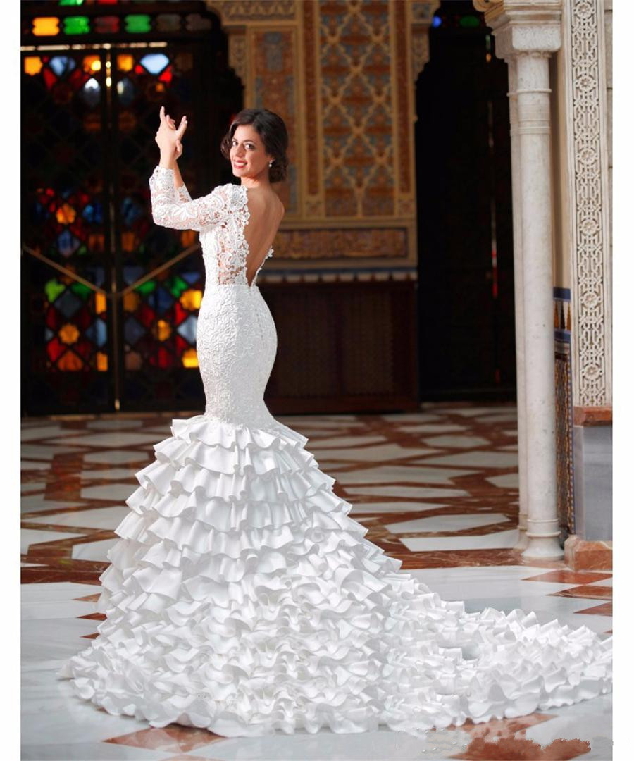 lace mermaid wedding dress bateau neck backless ruffles long sleeve white robe de mariage wedding dress vestidos de novia bridal gowns