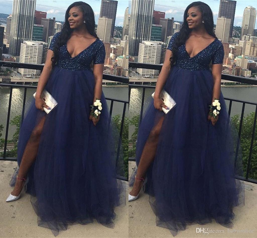 Blue Plus Navy Size Black Girl K Beaded Top Tulle Skirt Split A Line V Neck Evening Gowns Maternity Prom Dresses Vestidos Estidos