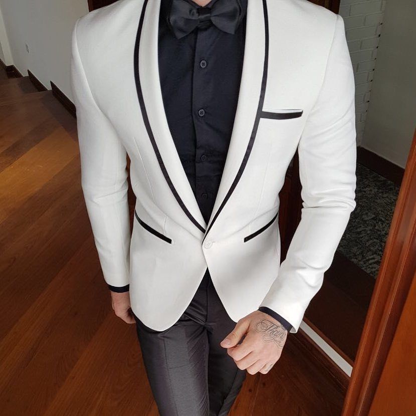 Fashion White Black Groom Tuxedo Coat Mens Suit One Button Simple Custom Made Top Quality Groom Wear
