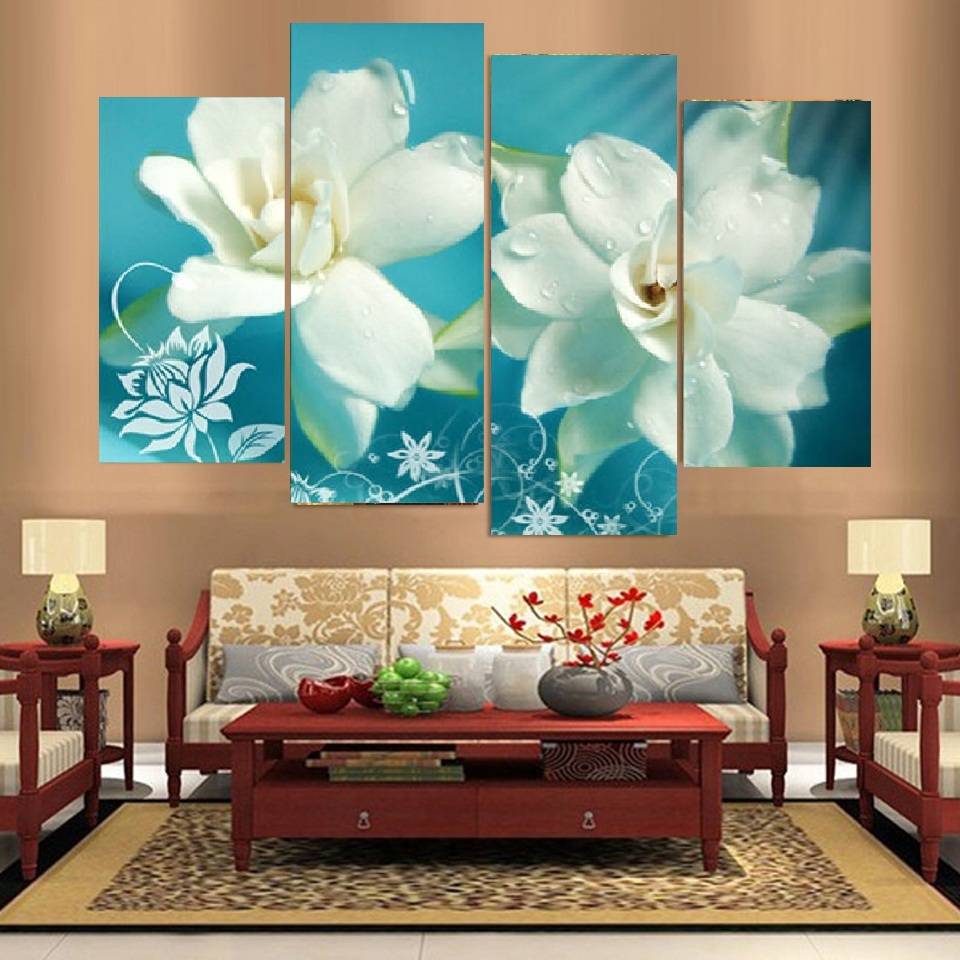4pcs/set Unframed Onepiece White Flower Watery HD Print On Canvas Wall Art Picture For Home and Living Room Decor
