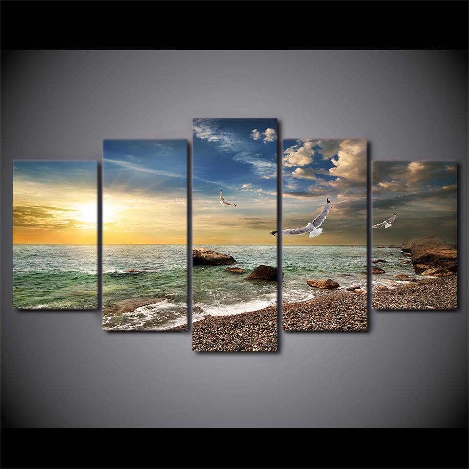 5 Piece Wall Art Canvas Sunset Sea Wall Art Picture Canvas Oil Painting Home Decor Wall Pictures for Living Room No Framed