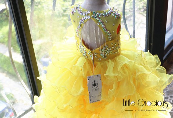 Yellow Flower Girl Dresses Jewel Neck Crystal High Low Ruffles A Line Girls Pageant Dress Hollow Back Kids Formal Gowns