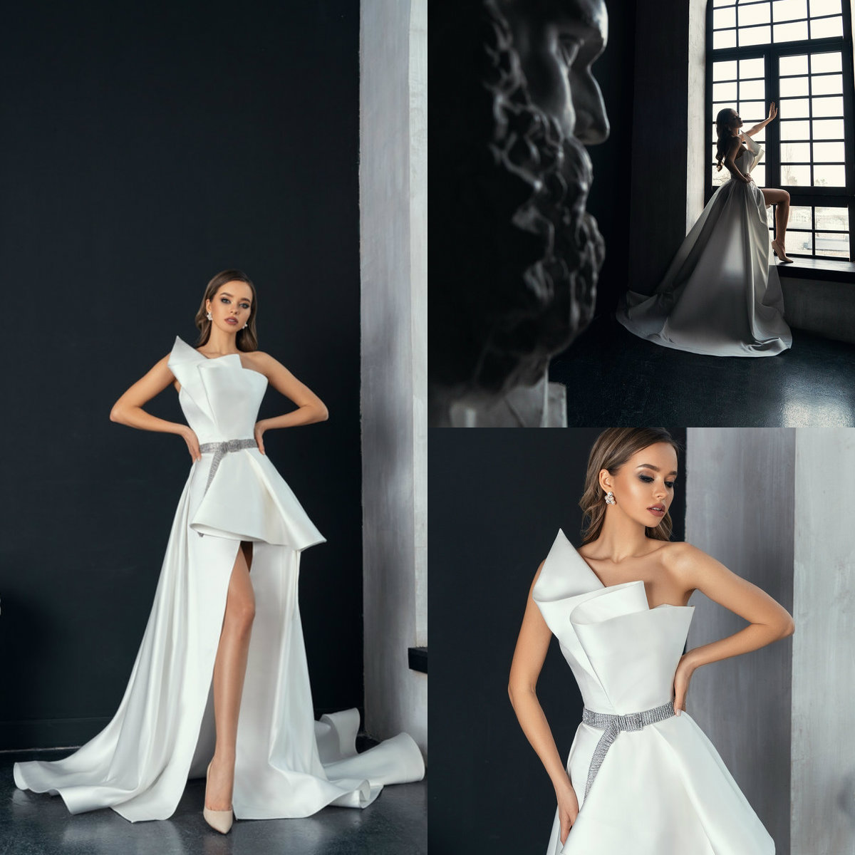 Designer White Wedding Dresses Satin Strapless A Line High Split Simple Beach Wedding Gowns With Sash Custom Made Cheap Bridal Dress, Gold