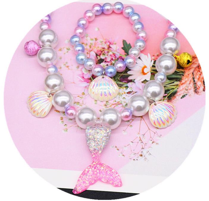 Beaded Necklace Bracelets Ring Clip Earrings for Kids Little Girl Mermaid Pearl Jewelry Sets Favors Bags for Party