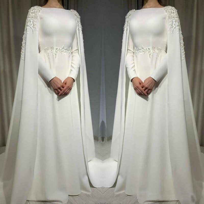 White Muslim Wedding Dresses With Cape A Line Long Sleeves Bride Dress Lace Appliques Sweep Train Wedding Vestidos