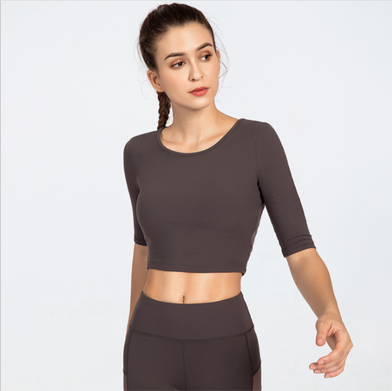 Mesh double-sided clothing fitness sportswear yoga tops women' sportswear women' O-neck short-sleeved solid top quick-drying, Brown
Mesh double-sided clothing fitness sportswear yoga tops women' sportswear women' O-neck short-sleeved solid top quick-drying, Brown