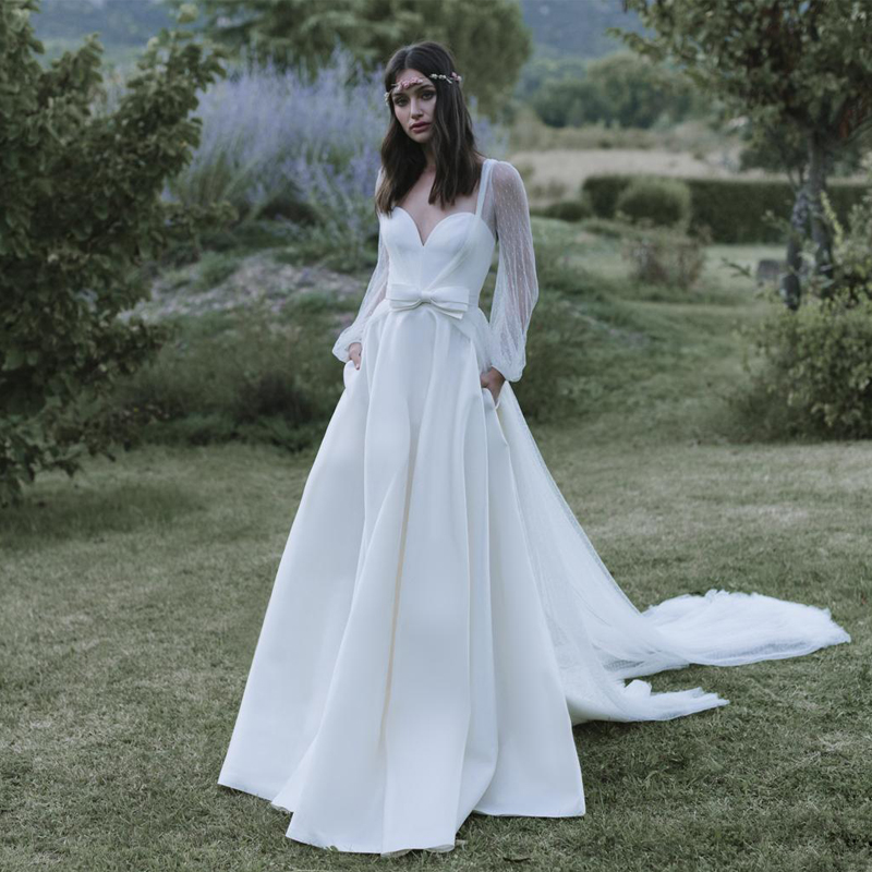 A Fabulous E Wedding Dresses With Detachable Long Sleeves Jacket Sweetheart Neck Bridal Gowns Satin Sweep Train Robe De Mari E