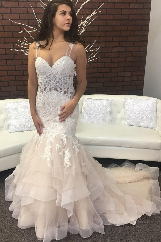 trendy mermaid wedding dresses spaghetti neck backless sweep train appliques garden country chapel bridal gowns vestido de novia