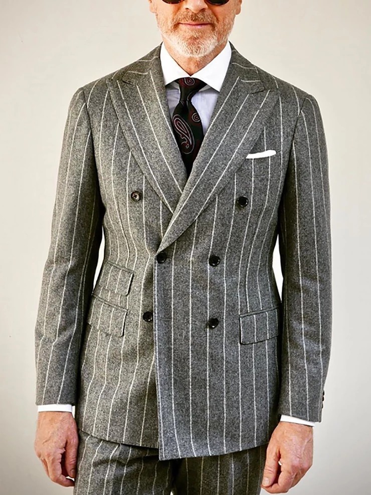 Gray Pinstripe Groom Wear Slim Fit Double Breasted Peaked Lapel Mens Business Formal Prom Tuxedos Best Man Blazer Suit (Jacket+Pants)