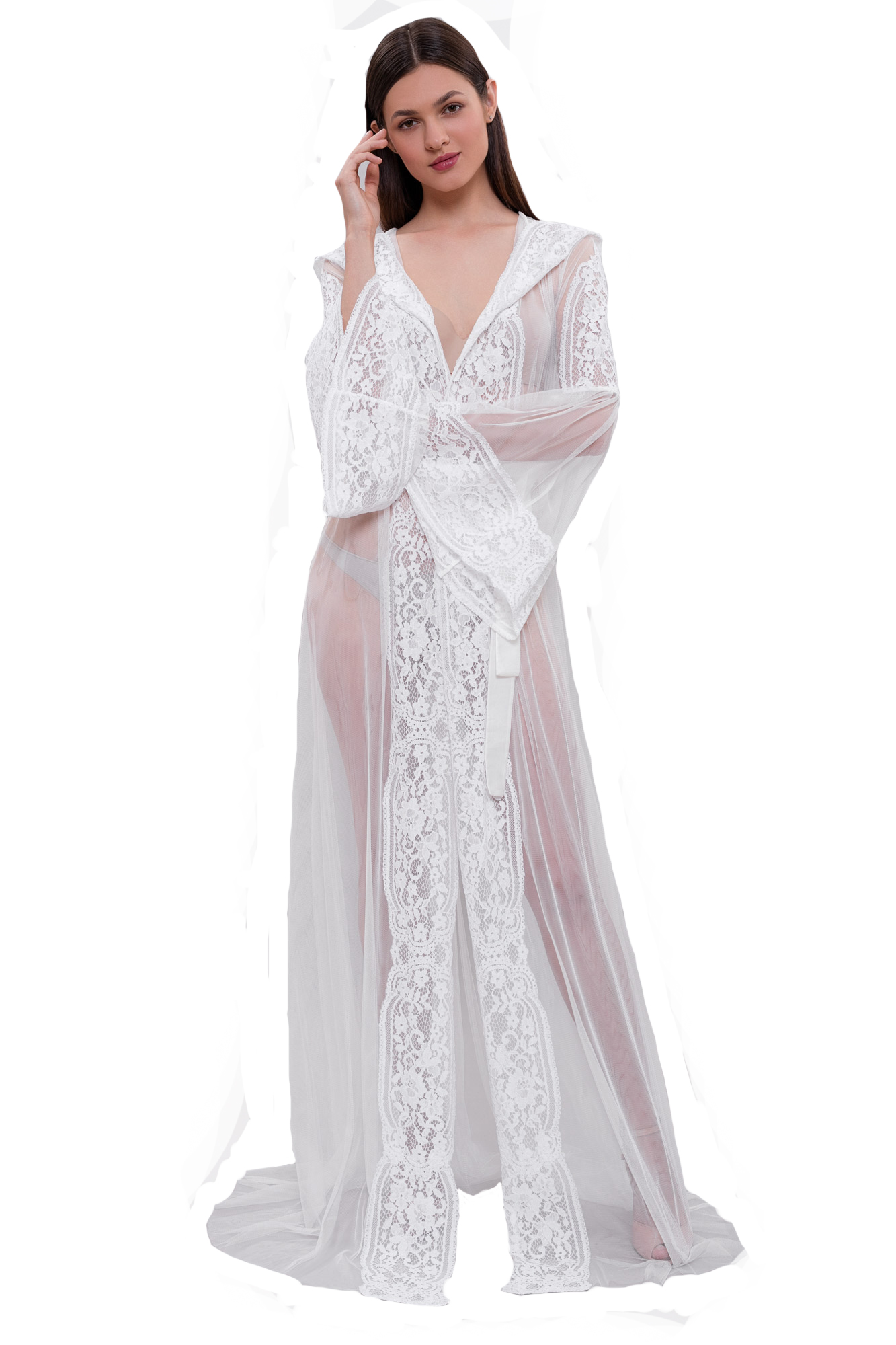 Hot Sell Formal Wedding Robes With Hat Long Sleeves Appliqued Lace See Through Night Gown For Women Ribbon Sweep Train Custom Made Sleepwear